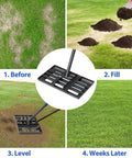 Heavy Duty Lawn Leveling Rake 6 Ft Metal Leveler With 17x10 Inch Head Upgraded Round Corner Adjustable Length Lightweight Ground Soil Tool For Yards And Golf Courses Makes Leveling Debris A Breeze used to level lawn soil stages before and after.