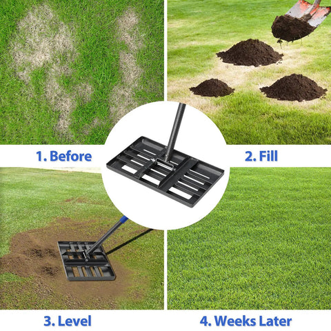 Heavy Duty Lawn Leveling Rake 6 Ft Metal Leveler With 17x10 Inch Head Upgraded Round Corner Adjustable Length Lightweight Ground Soil Tool For Yards And Golf Courses Makes Leveling Debris A Breeze used to level lawn soil stages before and after.