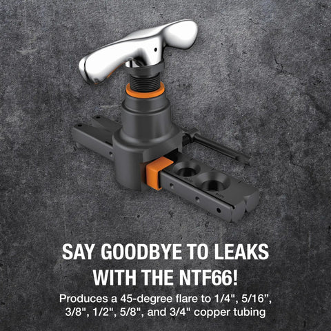 Pro Grade Flaring Tool Set NTF66C with NTC12 Tubing Cutter, 45-degree flare tool, shown against a dark background.