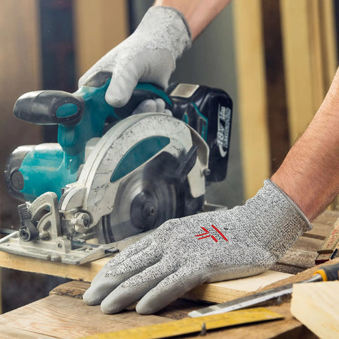 Durable Work Gloves With PU Coated Palm For Men And Women, Cut Resistant EN 388 Level 5 HPPE Liner used while operating a circular saw.