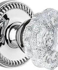 Newport Rosette Privacy Door Knob with Versailles Crystal Solid Forged Brass Bright Chrome Finish in close-up view.