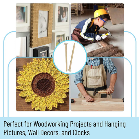 Gold Finish Nail Kit With 600 Nails In Four Sizes For Picture Hanging And Woodworking, includes photo of nails and tools in use.