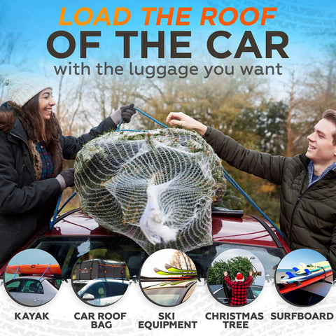 Two people using Six Pack Rooftop Cargo Tie Down Hooks For Securing Any Car Top Luggage with a Christmas tree on car roof