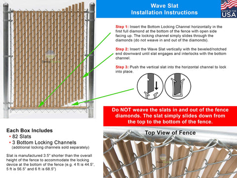 Wave Slat Privacy Slats For Chain Link Fences Single Wall Bottom Locking Design Fits 4 To 8 Foot High Fences 9 Color Options Including Black Beige Brown Gray Green Redwood Royal Blue Sky Blue White Easy Install installation instructions with slats and fence image