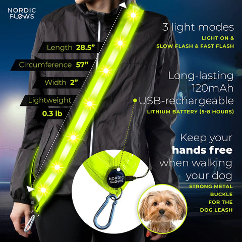 Rechargeable LED Reflective Safety Sash Featuring Three Custom Flashing Modes To Keep You Lit Safe And Street Sharp While Cruising The Sidewalks Or Cranking Out Night Miles