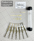 Antique Gold Clock Hands Set Eight Piece For Thick Shaft Movements layout with storage tube on grid paper
