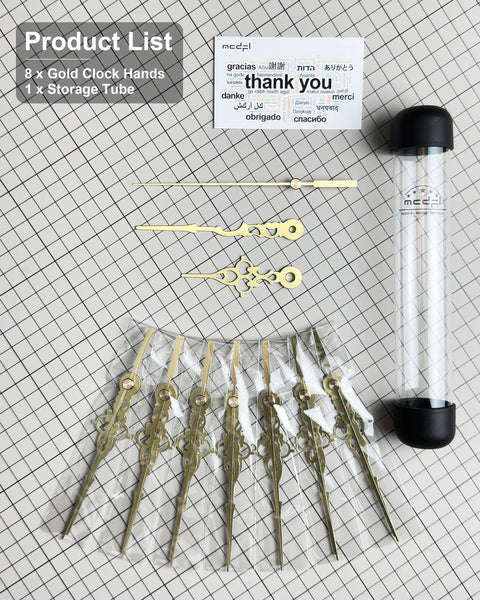 Antique Gold Clock Hands Set Eight Piece For Thick Shaft Movements layout with storage tube on grid paper
