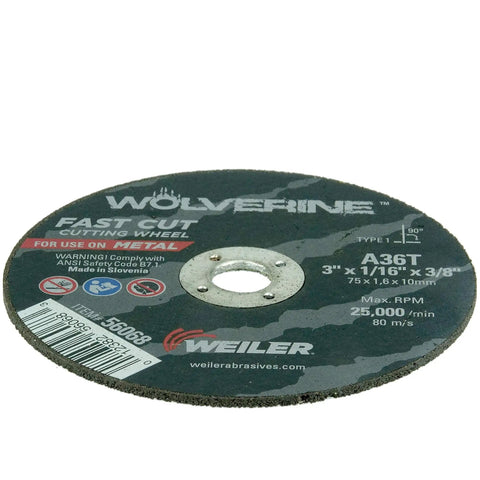 3 Inch Cutting Wheel For Steel And Metal With Fast Cut Performance, Open Arbor, Dual Reinforcement, One Sixteenth Inch Thick, A36T Type One