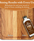 Keep Your Wooden Cutting Boards And Kitchen Gear Looking Slick As A Whistle With This Odorless Food Grade Butcher Block Oil For Deep Conditioning And Crack Prevention on a wooden cutting board before and after treatment.