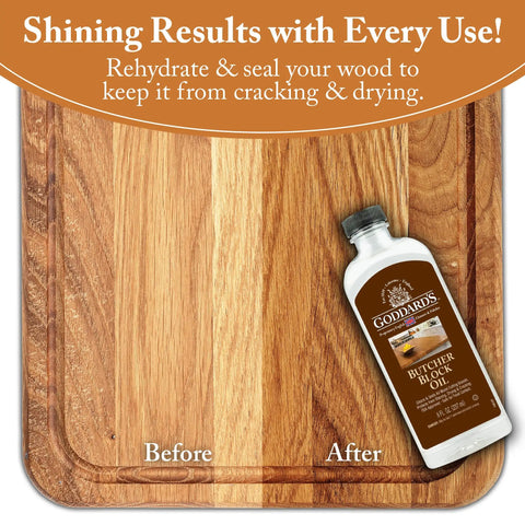 Keep Your Wooden Cutting Boards And Kitchen Gear Looking Slick As A Whistle With This Odorless Food Grade Butcher Block Oil For Deep Conditioning And Crack Prevention on a wooden cutting board before and after treatment.