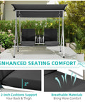 Two Seat Outdoor Porch Swing With Adjustable Canopy Heavy Duty 650 Lb Capacity Patio Swing With Pivot Storage Table And Cup Holders