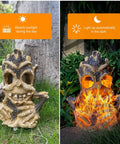 Epic Outdoor Solar Lantern With Realistic Flickering Flame From Resin Tree Stump Decor For Garden Yard Patio Pathway Tiki Halloween Holiday Use Waterproof And Weather Resistant. Side-by-side day and night view.