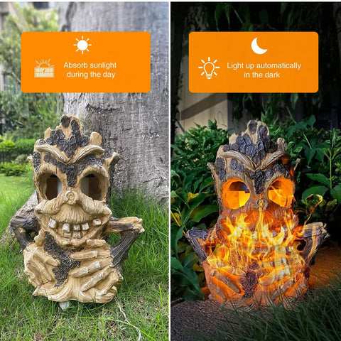Epic Outdoor Solar Lantern With Realistic Flickering Flame From Resin Tree Stump Decor For Garden Yard Patio Pathway Tiki Halloween Holiday Use Waterproof And Weather Resistant. Side-by-side day and night view.