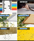 Collage displaying color options, custom sizing, commercial and residential grades, and permeable and waterproof features.