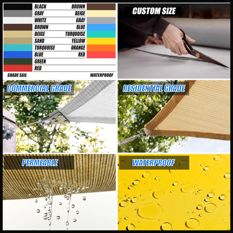 Collage displaying color options, custom sizing, commercial and residential grades, and permeable and waterproof features.