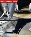 Electric Metal Cutting Shear For 14 Gauge Steel And 16 Gauge Stainless, showing straight and curved cuts on metal sheet.