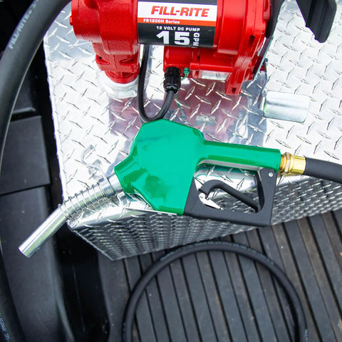 Automatic Fuel Transfer Nozzle 3/4 Inch Beefy Rugged Aluminum Build For Gasoline Diesel Biodiesel Up To B20 E15 Kerosene 3 To 15 GPM Green Finish Easy Fill Auto Shutoff Standard Duty With Spring attached to pump