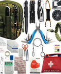 All In One 67 Piece 14 In 1 Outdoor Survival Gear Kit with accessories including compass, flashlight, paracord bracelet, and pliers.