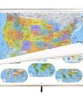 Pull Down World and US Political Classroom Map Set for Grades 9 Plus, 63 Inch Wide with bright colors and detailed cities