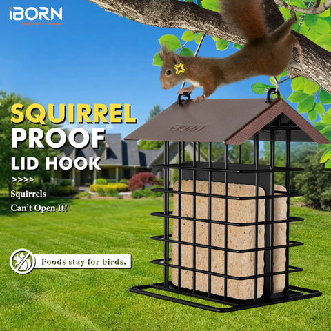 Outdoor Suet Feeder With Squirrel Proof Hook For Birds All Metal Roofed Cage Feeder Weatherproof Backyard Woodpecker Friendly Bird Feeder Easy Hang 1 Pack Today visible with a squirrel on top, in a garden setting.