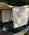 Beige Canoe And Kayak Sun Shade Canopy Bimini Top In Conestoga Wagon Style With Two Size Sets Of Removable Zippered Side Curtains