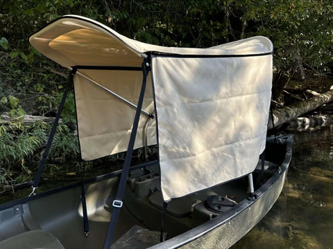 Beige Canoe And Kayak Sun Shade Canopy Bimini Top In Conestoga Wagon Style With Two Size Sets Of Removable Zippered Side Curtains