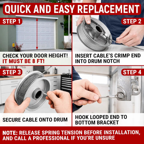 Steps for using Beefy Heavy Duty Garage Door Cable Kit For 8 Ft Doors 9.6 Ft Length Galvanized Carbon Steel Torsion Spring
