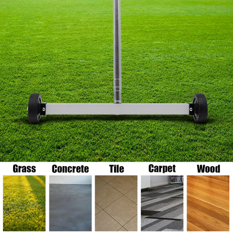 Magnetic Pickup Sweeper With Extendable Chrome Handle visible on grass, with images showing use on grass, concrete, tile, carpet, and wood surfaces