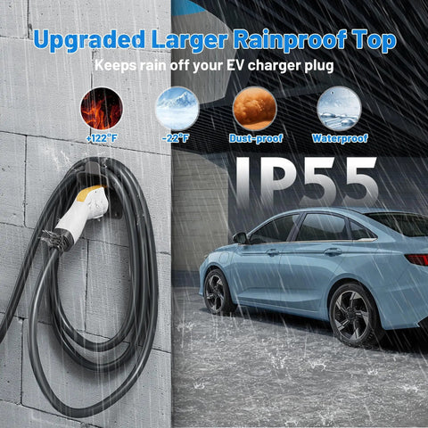 EV Charger Holder Wall Mount For SAE J1772 Cables installed outdoors with rainproof top, showcasing durability in rainy weather.