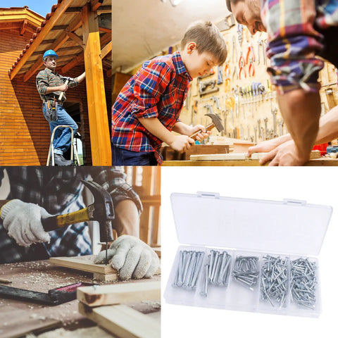 Five Size Galvanized Brick Nails Kit 275 Pieces For Hanging Pictures And DIY Woodworking with images of use and storage case