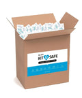 Open box containing Travel Laundry Kit With Liquid Detergent Stain Remover Wipes Dryer Sheet And Disposable Laundry Bag For Motels Camping And Charities 500 Pack Bulk Supply.