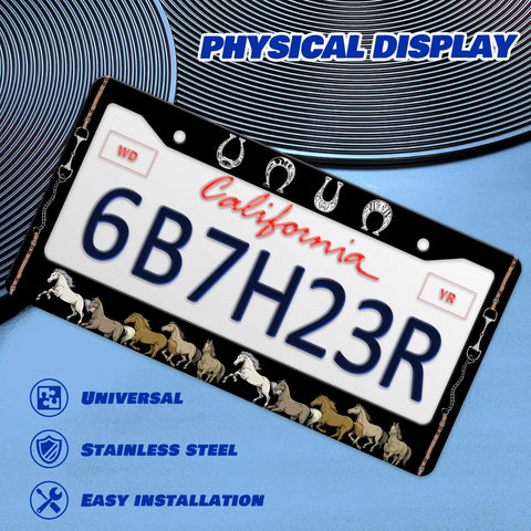 Cool Horseshoe License Plate Frame Personalize Stainless Steel 6x12 Inch Two Holes For USA Standard License Plates, horse pattern