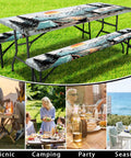 Three Piece Picnic Table Cover Set With Bench Covers And Bag Waterproof Windproof Fitted Tablecloth With Elastic Edge For Indoor Outdoor Use Easy Cleanup For Garden And Camp Fits 60 To 96 Inch Tables