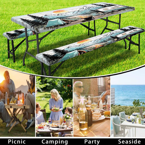 Three Piece Picnic Table Cover Set With Bench Covers And Bag Waterproof Windproof Fitted Tablecloth With Elastic Edge For Indoor Outdoor Use Easy Cleanup For Garden And Camp Fits 60 To 96 Inch Tables