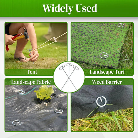 Heavy Duty 6 Inch Galvanized Landscape Stake Set 100 Pcs 11 Gauge Circle Top Garden Staples installed in various applications