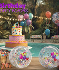 22 Inch Large Happy Birthday Beach Ball With Glitter Inside For Pool Party Decor next to cake by the pool
