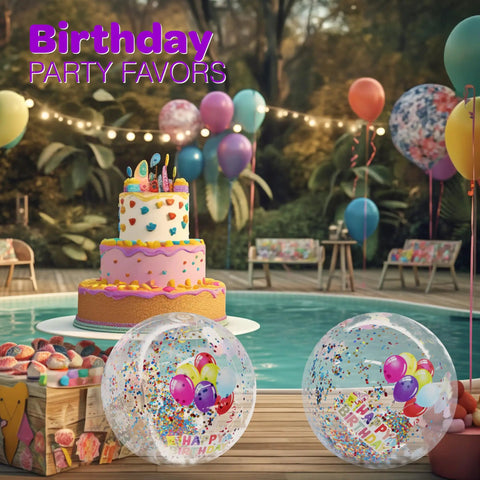 22 Inch Large Happy Birthday Beach Ball With Glitter Inside For Pool Party Decor next to cake by the pool