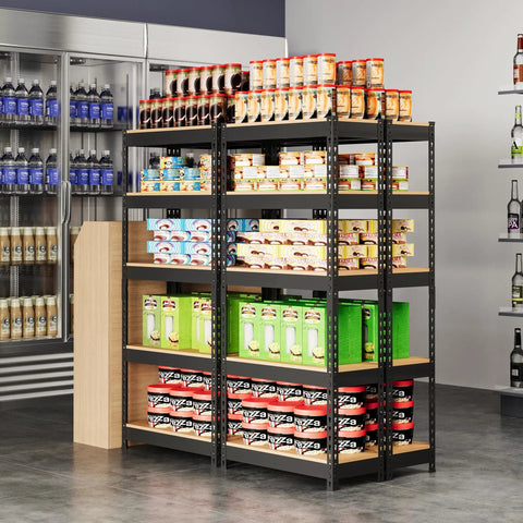 Five Tier Metal Storage Shelving Unit In Black Heavy Duty Garage Rack 60 Inch Tall 386 Lb Per Tier 1930 Lb Total Capacity Powder Coated Iron Frame And MDF Shelves in store display
