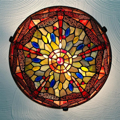 Dope Tiffany Style 16 Inch Flush Mount Ceiling Light With Dragonfly Pattern Black Finish Two Lights Handcrafted Art Glass Shade