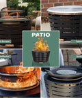 Image collage of smokeless 25 inch wood burning outdoor fire pit with removable ash pan, sturdy stand, and weather resistant cover.