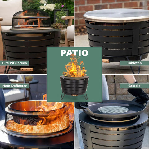 Image collage of smokeless 25 inch wood burning outdoor fire pit with removable ash pan, sturdy stand, and weather resistant cover.