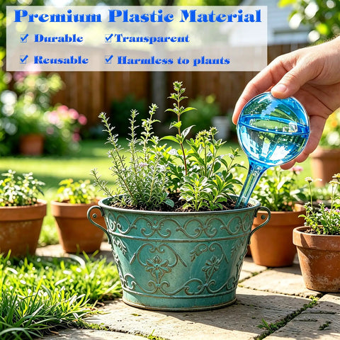 Person inserting 12 Pack Large Plant Watering Globes Self Watering Bulbs For Indoor And Outdoor Pots Refillable Transparent Plastic Garden Watering Devices For Easy Hassle Free Plant Care While You're Away into plant pot