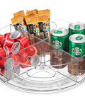 Clear Acrylic Lazy Susan Turntable With Four Removable Sections And Easy Grip Handles Smooth 360 Rotation For Kitchen Fridge And Cabinet with snacks and drinks.