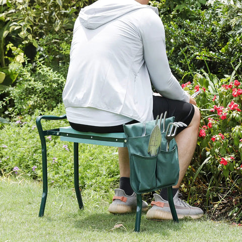 Person using Foldable Garden Kneeler Seat With Tool Pouch, Portable Garden Bench With EVA Foam Padded Kneeling Pad, Doubles As Kneeler Or Seat