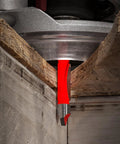 3/8 Inch Panel Pilot Bit With 1/4 Inch Shank, 3 Inch Overall Length, 2 Cutter Carbide Router Bit cutting through wood panel