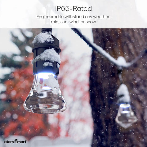 Close-up of a shatterproof bulb on WiFi Enabled Color Changing Outdoor String Lights 48Ft, showing IP65 weatherproof design in snow.