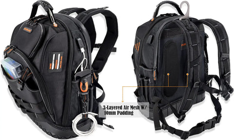 77 Pocket Electricians Tool Backpack With Hard Moulded Bottom And 65 Pcs Molle Loops Four Compartments Titanium Hook Waterproof Design For HVAC Construction And Field Techs A Gear Carrier For Tough Job Sites, showing front and back views.