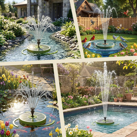 Go To Solar Water Pump Fountain For Garden Bird Bath With Built In 1500mAh Battery 3.5W Panel And 8 Nozzles in pond view