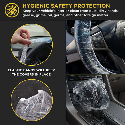 200 Piece Disposable Steering Wheel Covers And Gear Selector Covers Set For Universal Fit Clear Plastic With Elastic Bands
