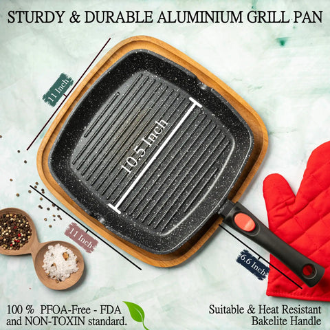 Square Indoor Grill Pan With Removable Handle For Even Heating Meat And Veggies, 11 Inch Nonstick Griddle Skillet, RV Die Cast Aluminum